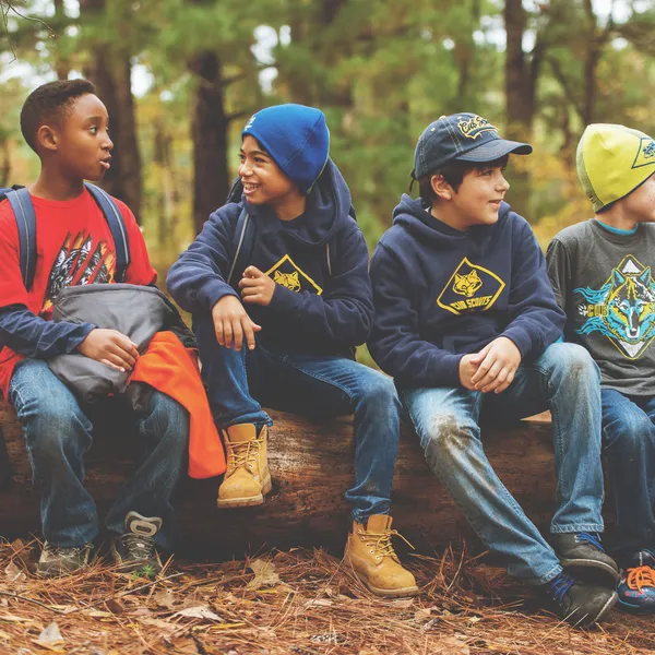 Cub Scouts resting on a log during an autumn hike